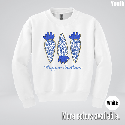Blue Toile Chinoiserie Grandmillennial Happy Easter And Carrots Youth Crewneck Sweatshirt