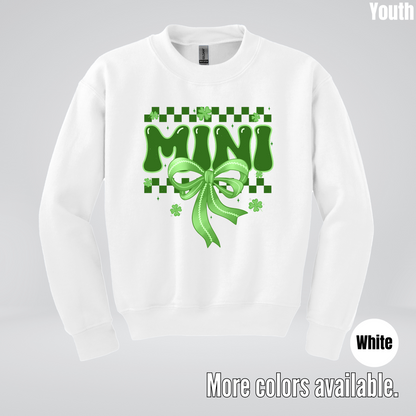 Mini Coquette Green Bow Checkered Retro Four Leaf Clovers Youth Crewneck Sweatshirt