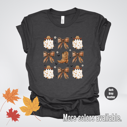 Western Coquette Leather Cowboy Boots And Fall Ghosts with Flowers and Bats T-Shirt