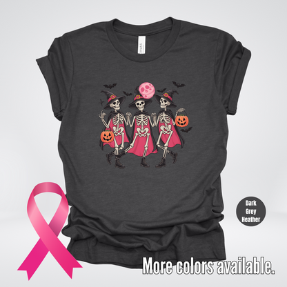 Skeleton Witches Halloween Breast Cancer Awareness T-Shirt