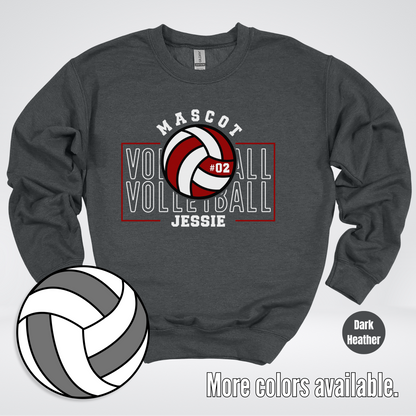 Custom Mascot, Number, & Name - Maroon - Volleyball Design 2 Crewneck Sweatshirt