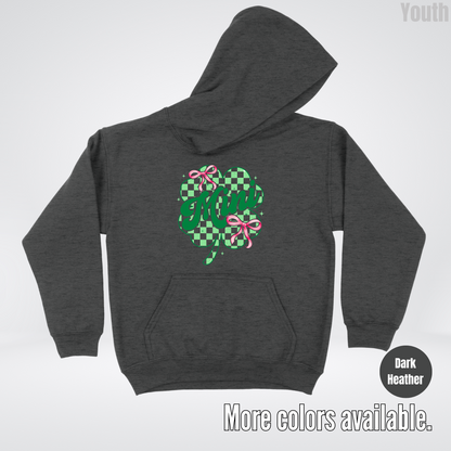 Coquette Mini Pink Bows Checkered Retro Four Leaf Clover Saint Patrick's Day Youth Hoodie
