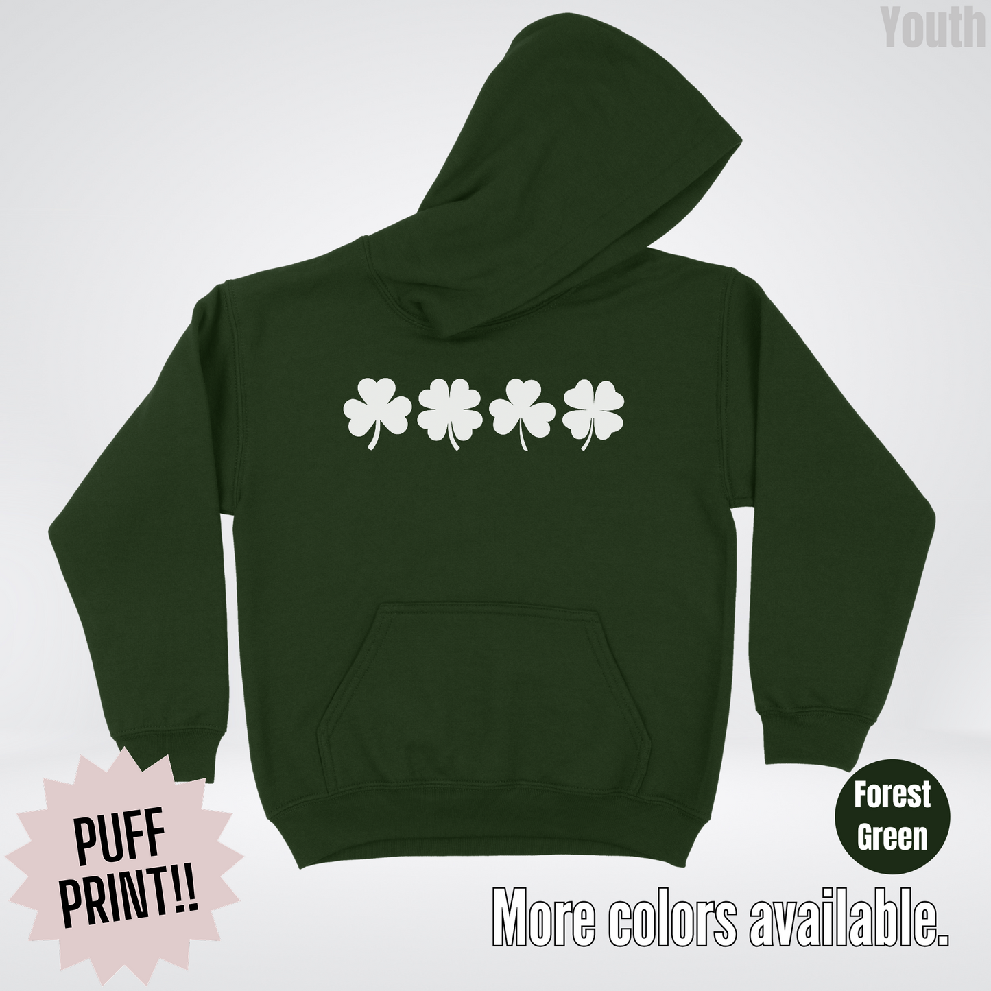 Four Puff Print Clovers - White Design - St. Patrick's Day Youth Hoodie