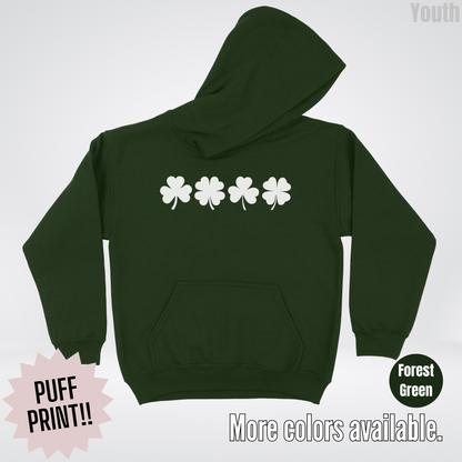 Four Puff Print Clovers - White Design - St. Patrick's Day Youth Hoodie