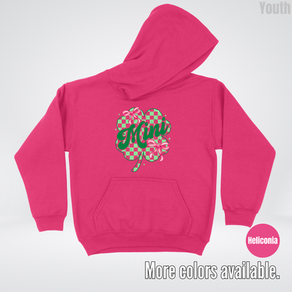 Coquette Mini Pink Bows Checkered Retro Four Leaf Clover Saint Patrick's Day Youth Hoodie