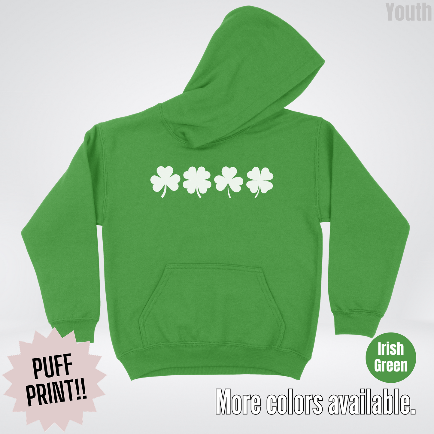 Four Puff Print Clovers - White Design - St. Patrick's Day Youth Hoodie