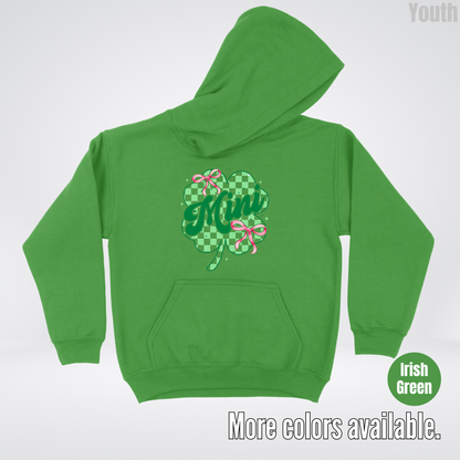 Coquette Mini Pink Bows Checkered Retro Four Leaf Clover Saint Patrick's Day Youth Hoodie