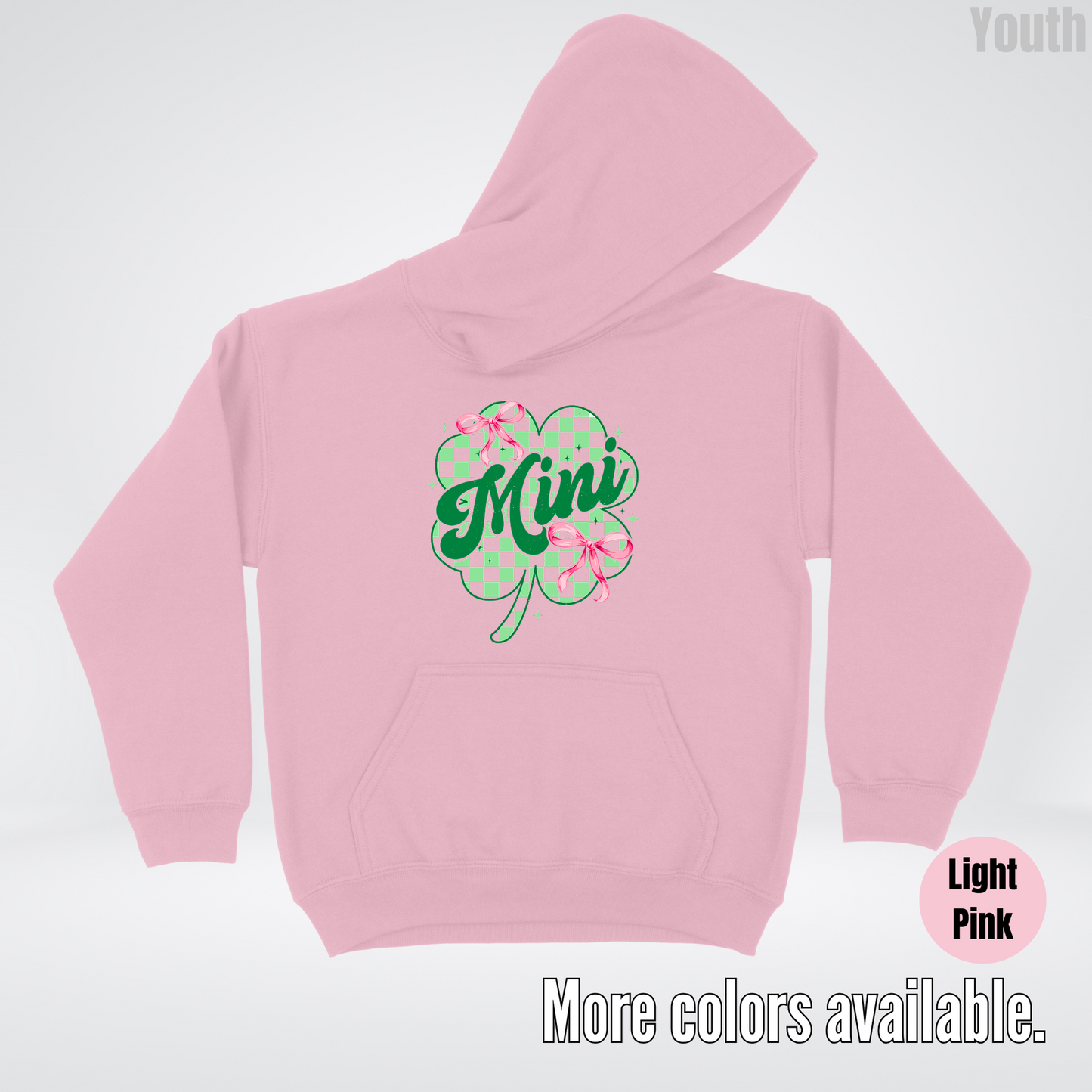 Coquette Mini Pink Bows Checkered Retro Four Leaf Clover Saint Patrick's Day Youth Hoodie