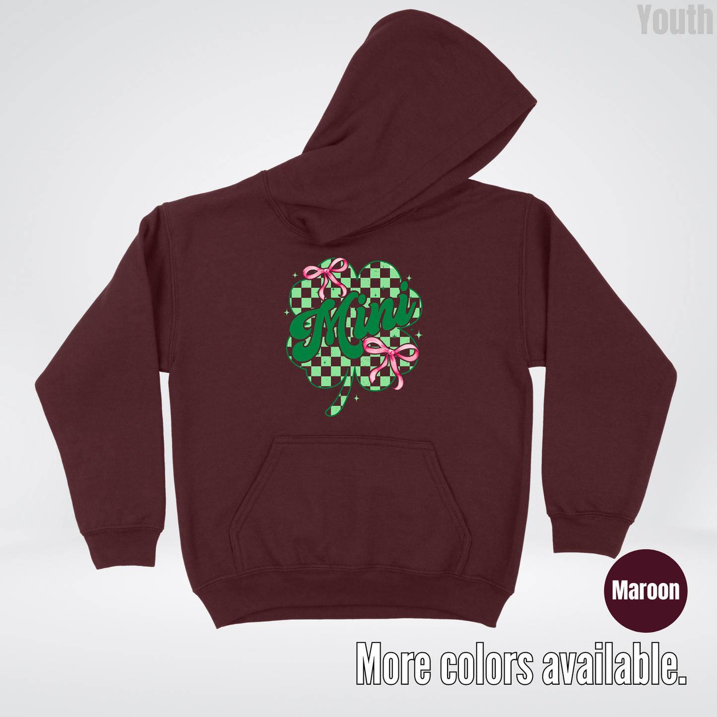 Coquette Mini Pink Bows Checkered Retro Four Leaf Clover Saint Patrick's Day Youth Hoodie