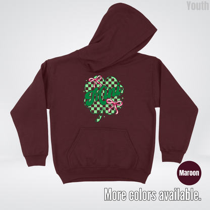 Coquette Mini Pink Bows Checkered Retro Four Leaf Clover Saint Patrick's Day Youth Hoodie