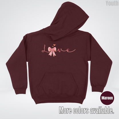 Love Pink Watercolor Coquette Bow Youth Hoodie