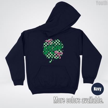 Coquette Mini Pink Bows Checkered Retro Four Leaf Clover Saint Patrick's Day Youth Hoodie
