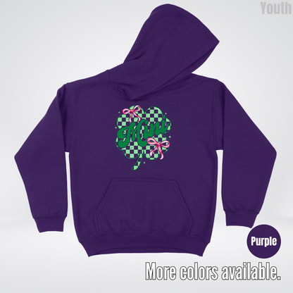 Coquette Mini Pink Bows Checkered Retro Four Leaf Clover Saint Patrick's Day Youth Hoodie