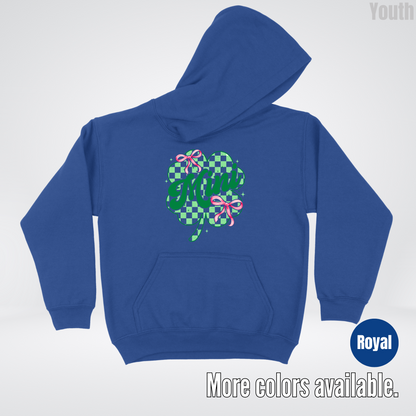 Coquette Mini Pink Bows Checkered Retro Four Leaf Clover Saint Patrick's Day Youth Hoodie