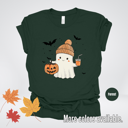 Cute Fall Ghost with Pumpkin And Bats T-Shirt