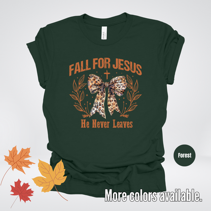 Fall For Jesus He Never Leaves Leopard Print Coquette T-Shirt