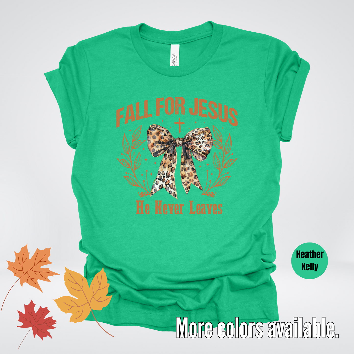 Fall For Jesus He Never Leaves Leopard Print Coquette T-Shirt