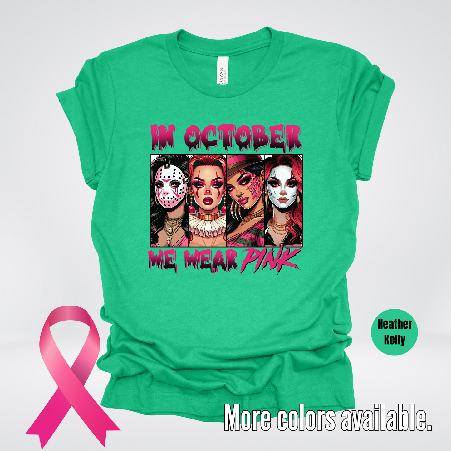 Halloween Bad Girls in October We Wear Pink Horror Movie Characters T-Shirt