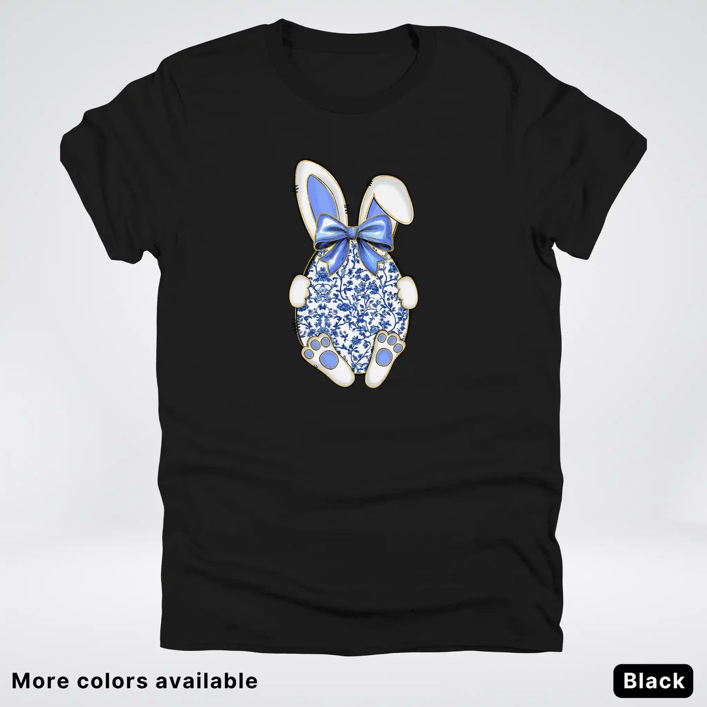 Blue Toile Easter Bunny – Porcelain Bow Bunny Spring Graphic- T-Shirt