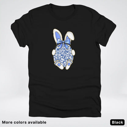 Blue Toile Easter Bunny – Porcelain Bow Bunny Spring Graphic- T-Shirt