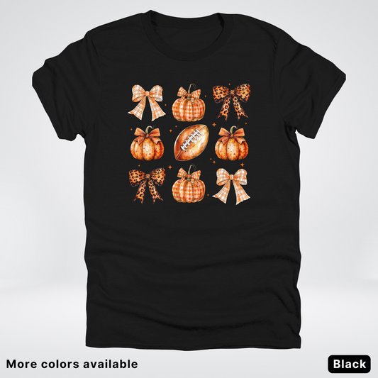 Football Coquette Ribbon Bow Plaid Pumpkin Fall - T-Shirt