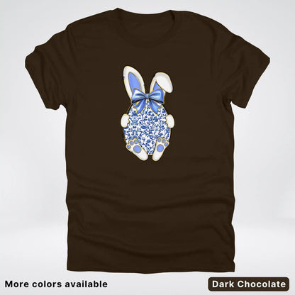 Blue Toile Easter Bunny – Porcelain Bow Bunny Spring Graphic- T-Shirt