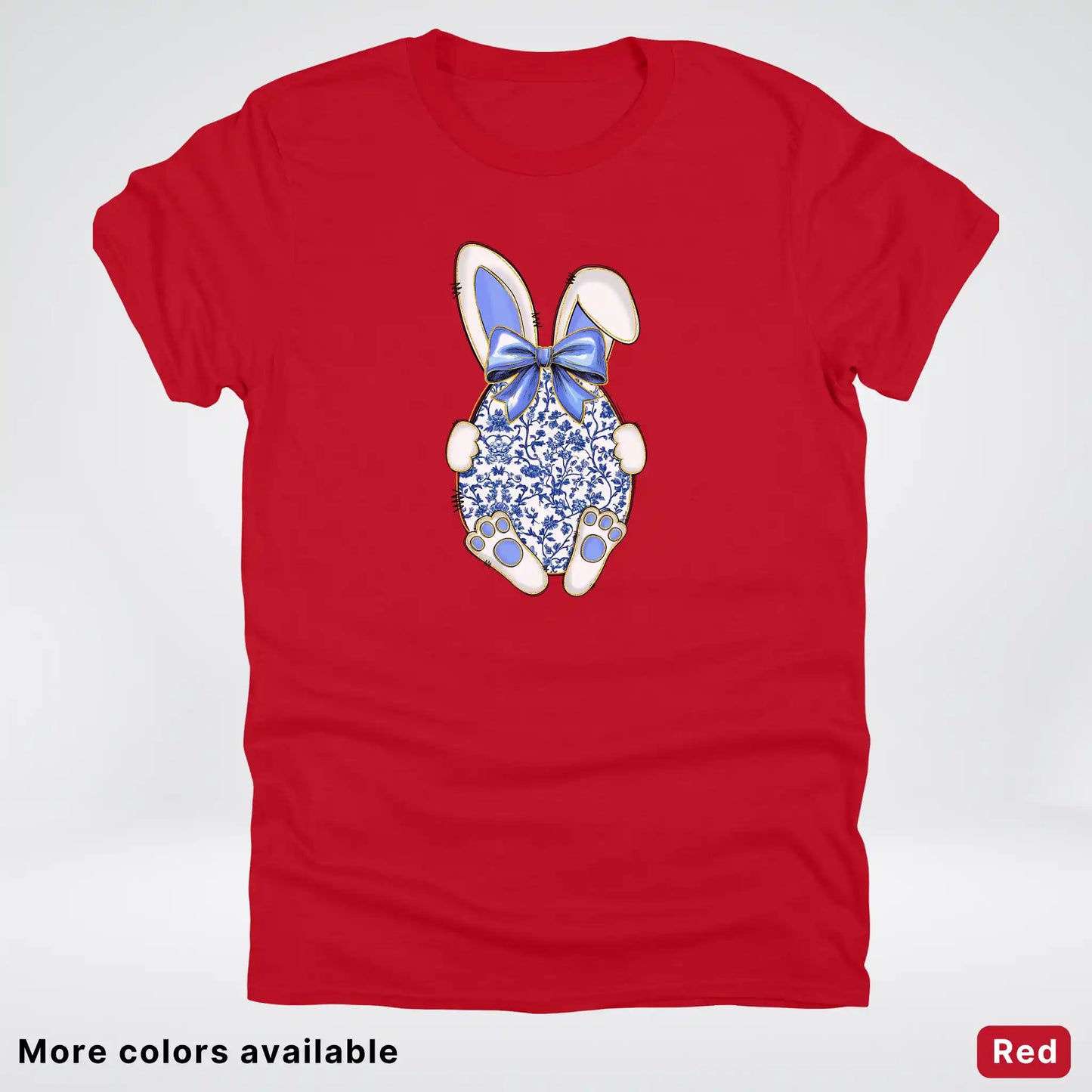 Blue Toile Easter Bunny – Porcelain Bow Bunny Spring Graphic- T-Shirt