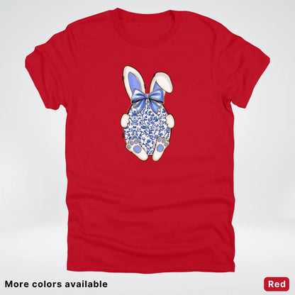 Blue Toile Easter Bunny – Porcelain Bow Bunny Spring Graphic- T-Shirt
