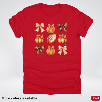 Football Coquette Ribbon Bow Plaid Pumpkin Fall - T-Shirt