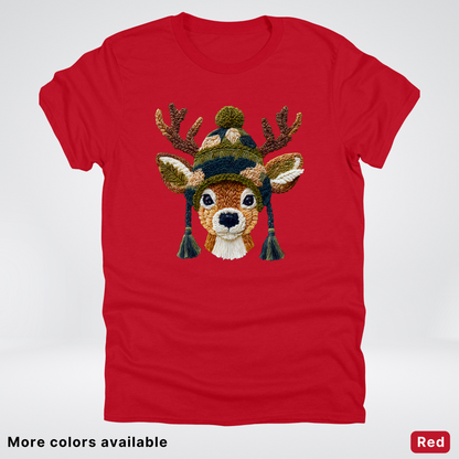 Cozy Winter Reindeer Hook Yard Faux Texture - T-Shirt