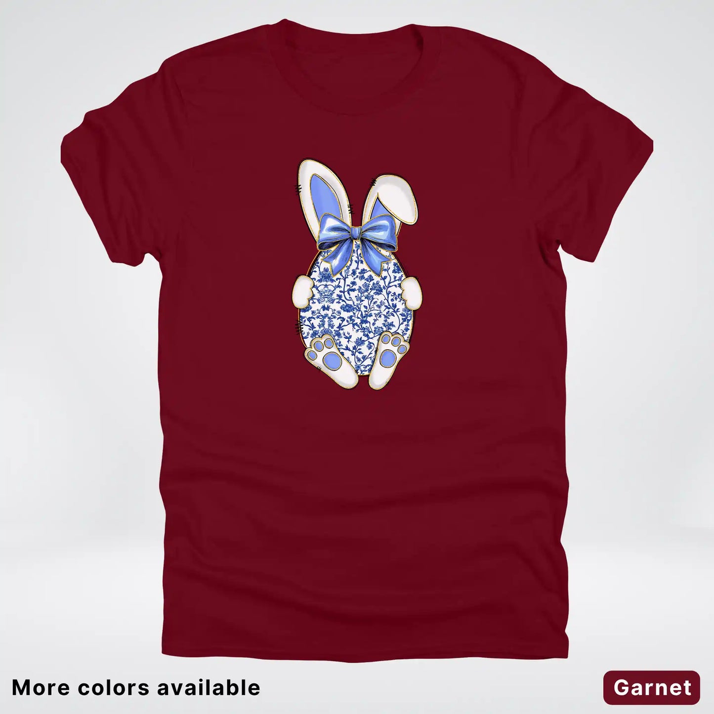 Blue Toile Easter Bunny – Porcelain Bow Bunny Spring Graphic- T-Shirt
