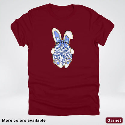 Blue Toile Easter Bunny – Porcelain Bow Bunny Spring Graphic- T-Shirt