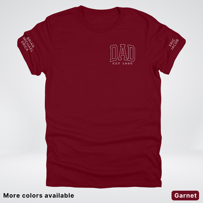 Custom Dad EST Year and Left And Right Sleeve Name - White Design  – Father’s Day T-Shirt
