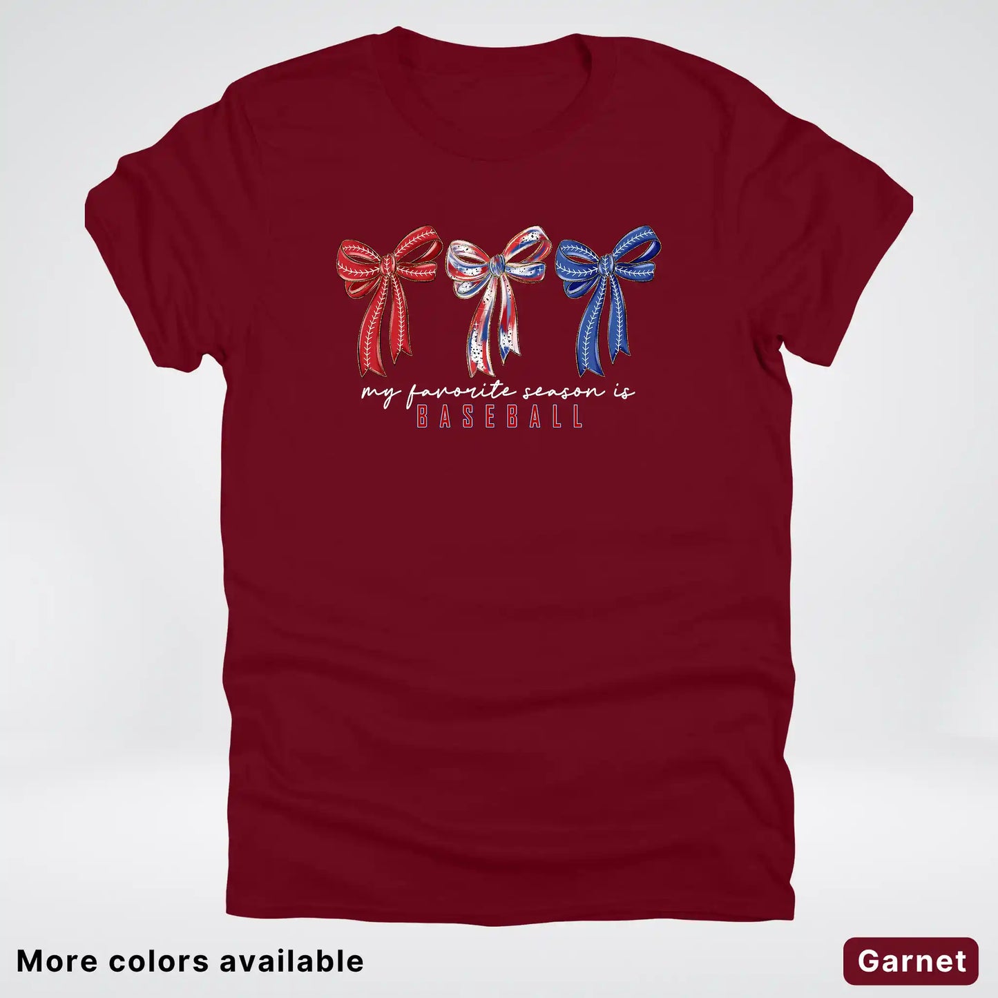 My Favorite Season Is Baseball – Red White Blue Bow Graphic T-Shirt