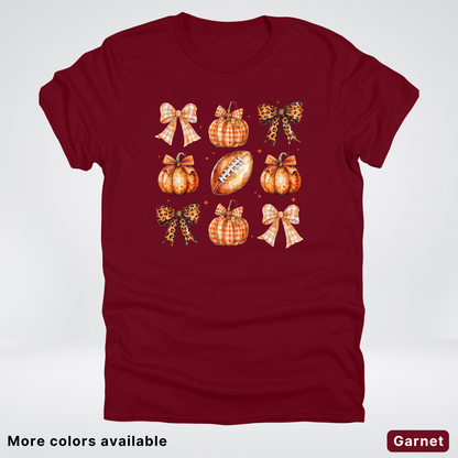 Football Coquette Ribbon Bow Plaid Pumpkin Fall - T-Shirt
