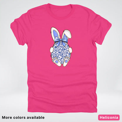 Blue Toile Easter Bunny – Porcelain Bow Bunny Spring Graphic- T-Shirt