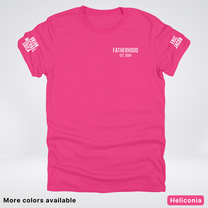 Fatherhood Est Custom Year Custom Names On Sleeves- White Design  – Father’s Day T-Shirt