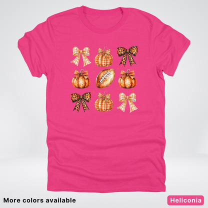 Football Coquette Ribbon Bow Plaid Pumpkin Fall - T-Shirt