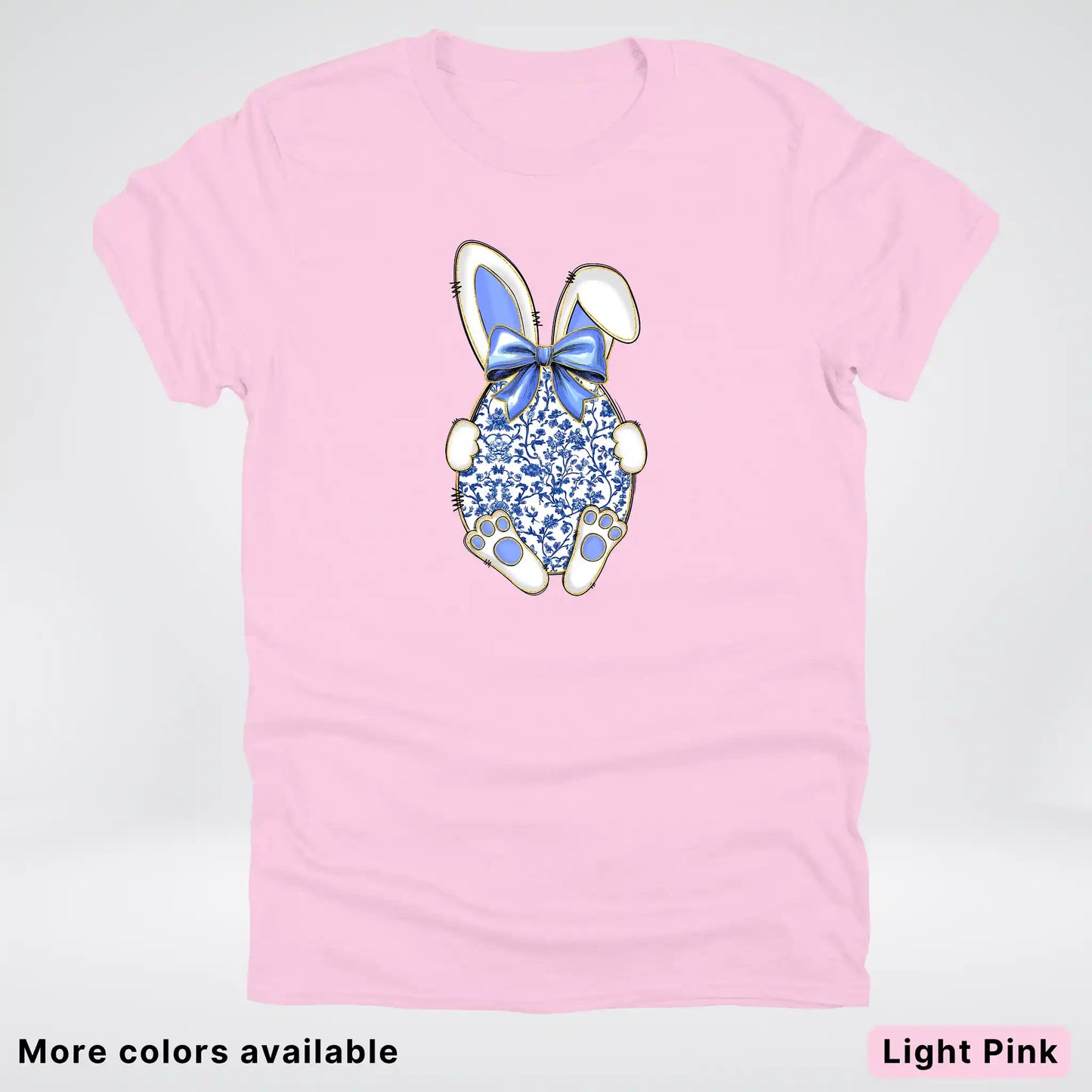 Blue Toile Easter Bunny – Porcelain Bow Bunny Spring Graphic- T-Shirt