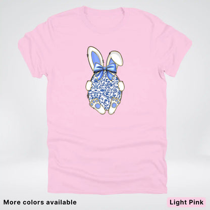 Blue Toile Easter Bunny – Porcelain Bow Bunny Spring Graphic- T-Shirt