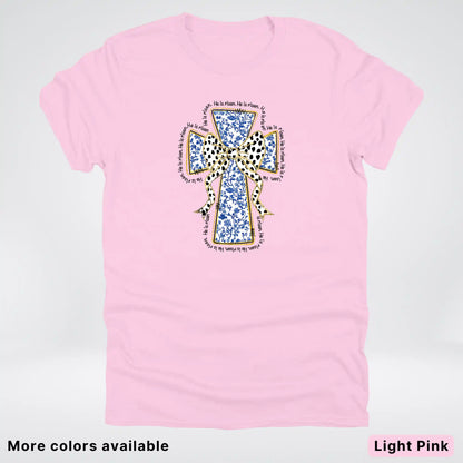 He Is Risen Cross – Blue Toile Easter Faith Graphic - T-Shirt