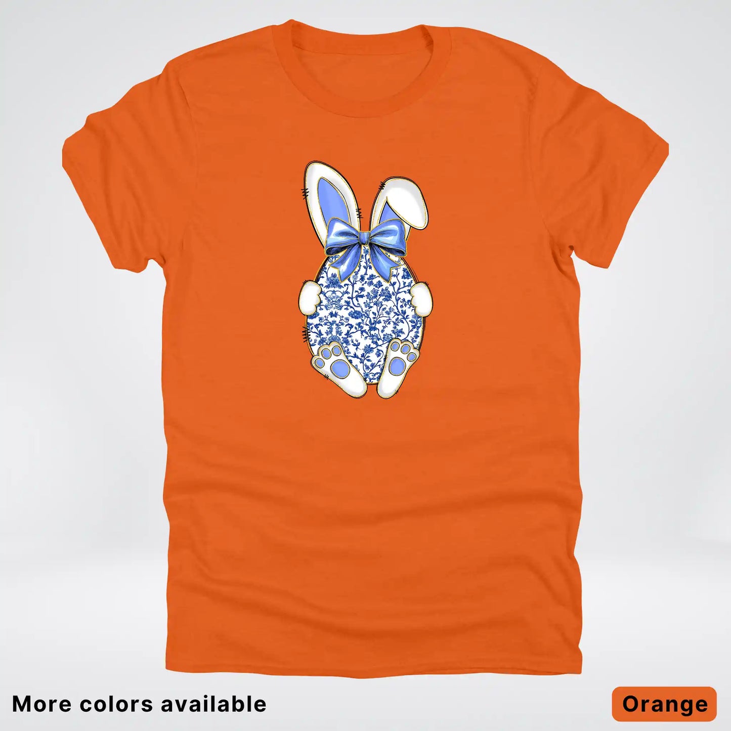 Blue Toile Easter Bunny – Porcelain Bow Bunny Spring Graphic- T-Shirt