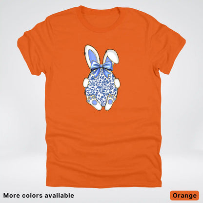 Blue Toile Easter Bunny – Porcelain Bow Bunny Spring Graphic- T-Shirt