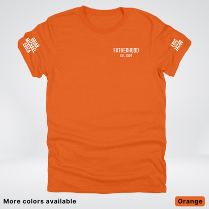 Fatherhood Est Custom Year Custom Names On Sleeves- White Design  – Father’s Day T-Shirt