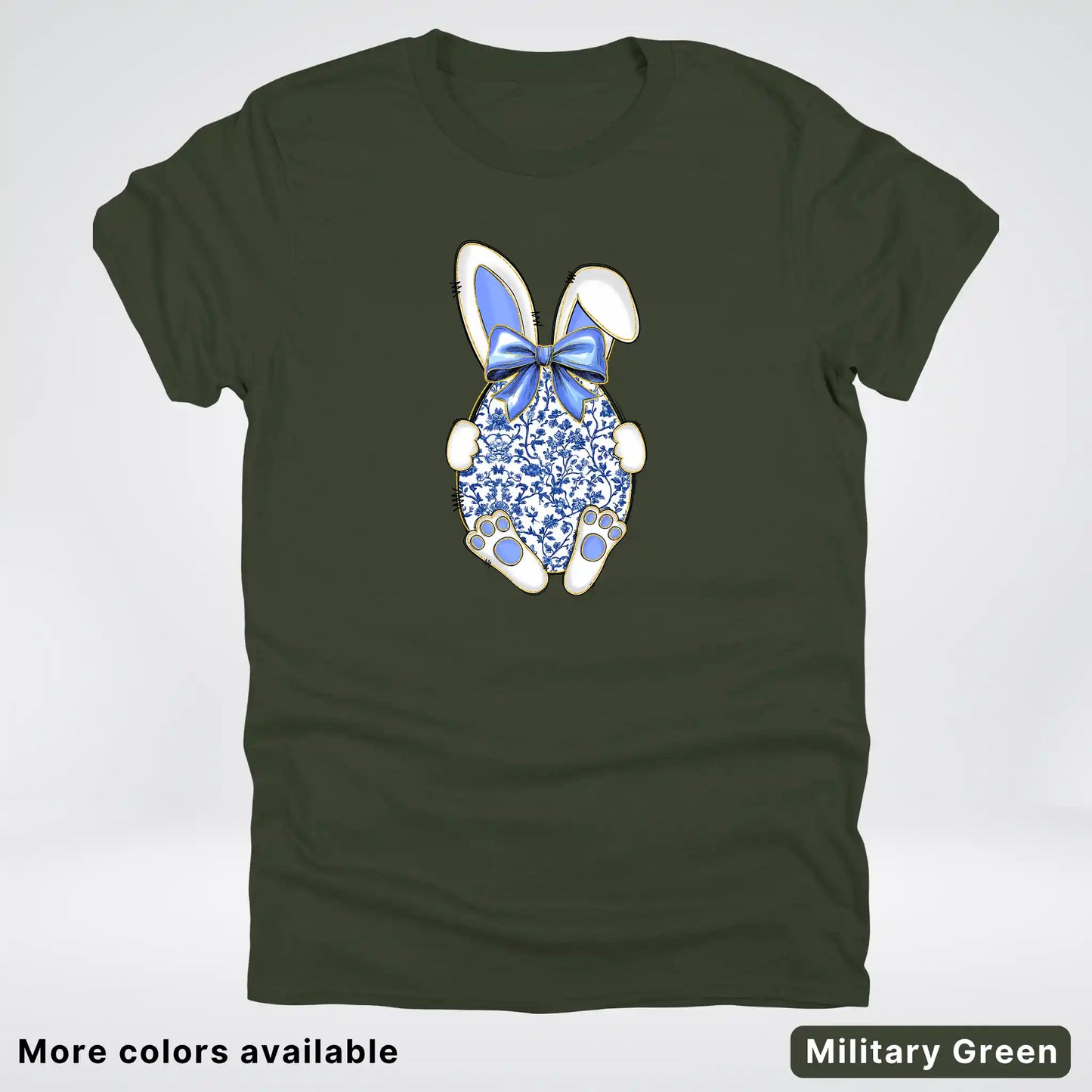 Blue Toile Easter Bunny – Porcelain Bow Bunny Spring Graphic- T-Shirt
