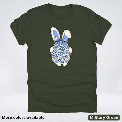 Blue Toile Easter Bunny – Porcelain Bow Bunny Spring Graphic- T-Shirt