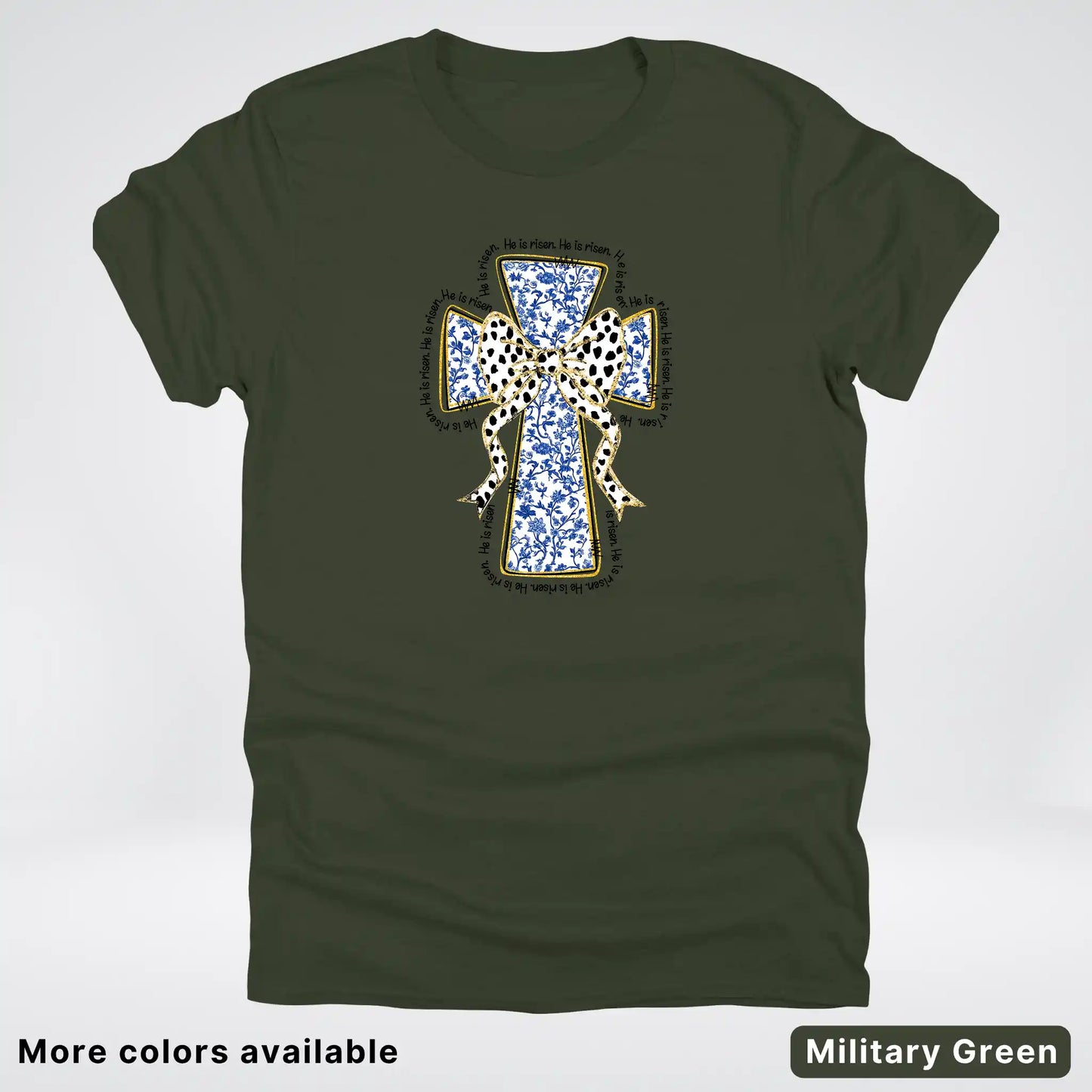 He Is Risen Cross – Blue Toile Easter Faith Graphic - T-Shirt