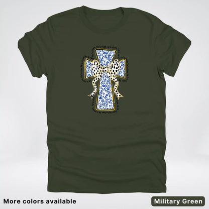 He Is Risen Cross – Blue Toile Easter Faith Graphic - T-Shirt
