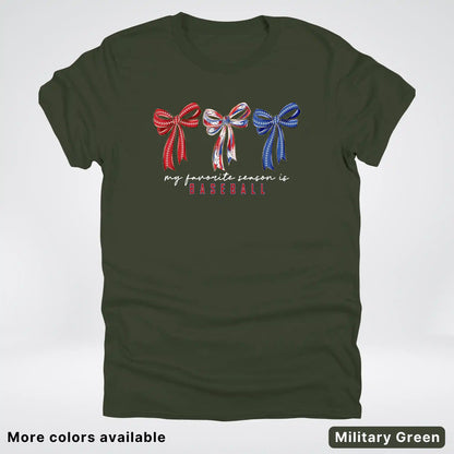 My Favorite Season Is Baseball – Red White Blue Bow Graphic T-Shirt