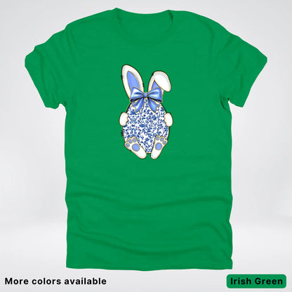 Blue Toile Easter Bunny – Porcelain Bow Bunny Spring Graphic- T-Shirt
